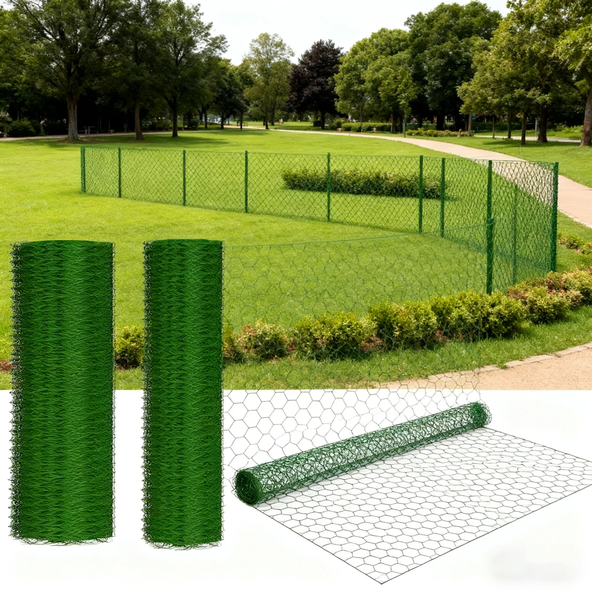 Clôture de jardin hexagonale de 25 m, hauteur 50 cm, en treillis métallique vert revêtu de PVC, ouverture des mailles de 25 mm, filet pour lapins, petits animaux, volailles, protection de jardin potager, clôture en grillage pour poulets, résistante à la rouille et durable