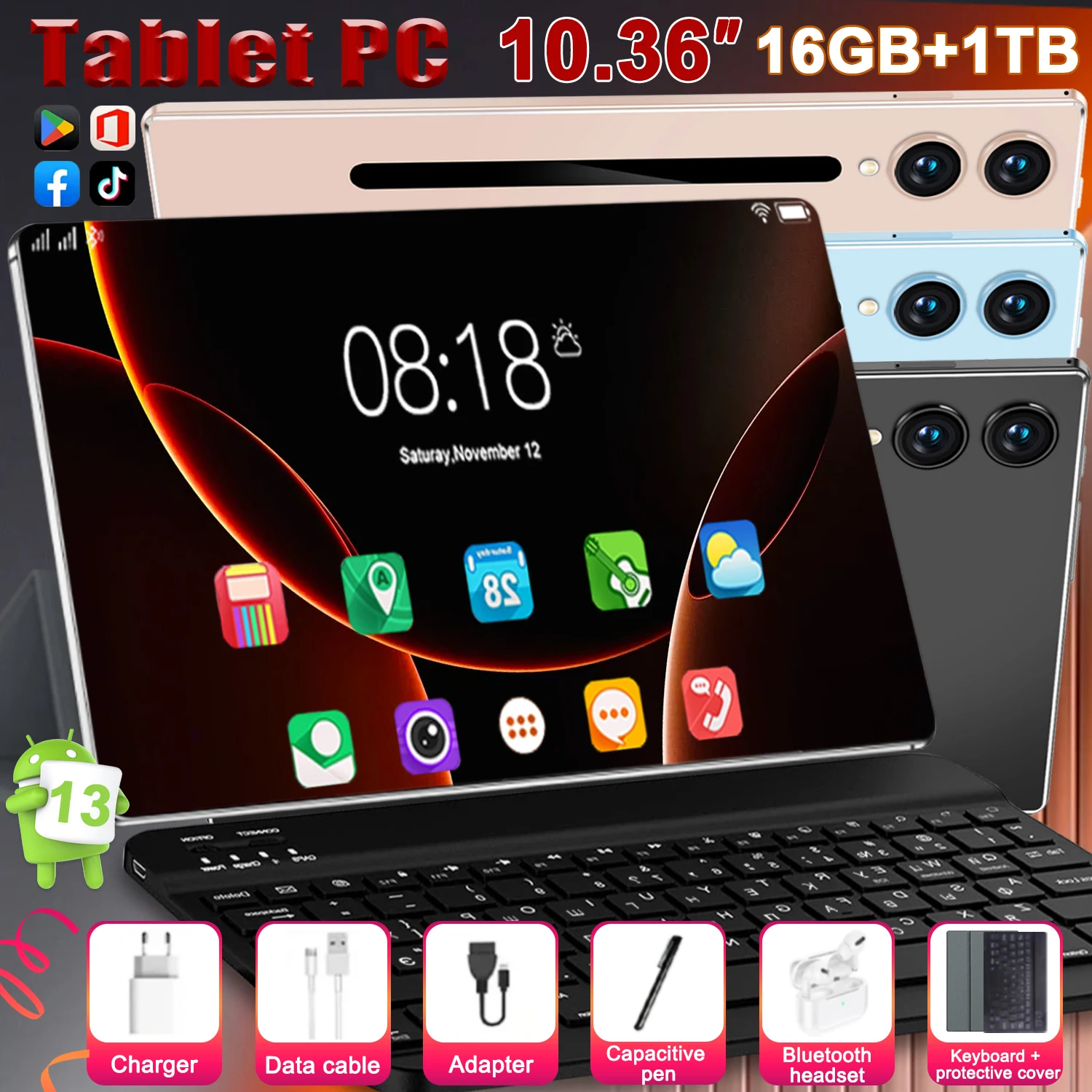 Tablette connectée intelligente 10,36 pouces Android 13 processeur 14 coeurs réactif aux commandes tactiles, 16Go+1To pour installer outils et applications connectées. Grande batterie 20000mAh, fonction 5G double carte SIM et WiFi omniprésent, double camé