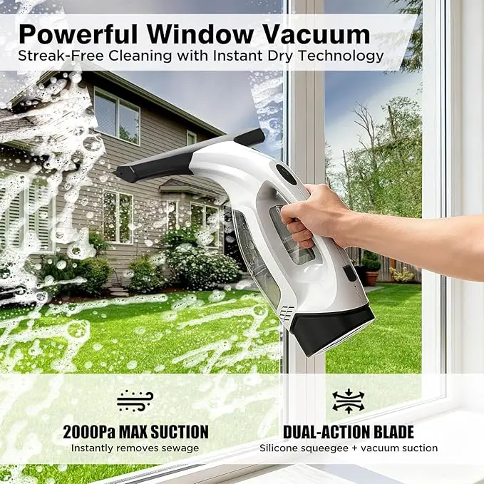 Window Vacuum Squeegee Cordless 2000Pa Electric Window Cleaner Tool with 2200mAh 150ml Water Collection Tank Window Cleaning Kit