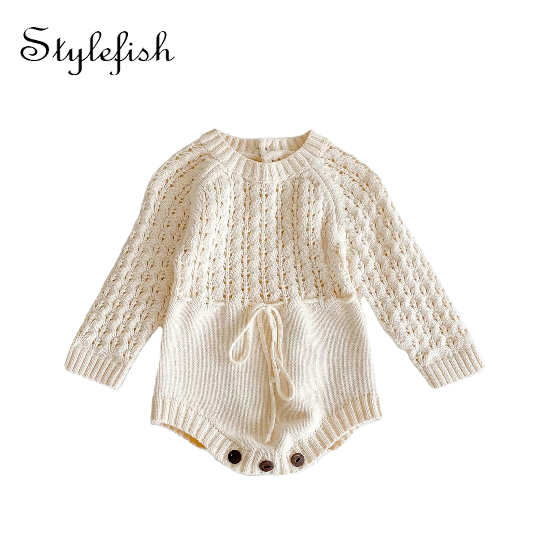 

In hot sales autumn baby rompers wholesale baby girls clothes knitted hollow-out waist long-sleeved jacket triangle jumpsuit