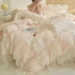 French Princess Style Bedding Sets Ruffle Lace Bow Quilt Cover Romantic Bedclothes Decor Woman Girls Bedroom Duvet Cover 4pcs