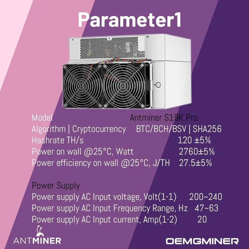 Bitmain New Antminer S19K pro 120T Bitcoin Miner BTC BCH ASIC Miner 2760W