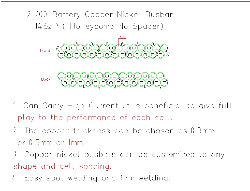 WELLGO Pure Copper & Copper-Nickel Composite Busbar Battery Connector 14S2P for 21700 Lithium Battery Pack