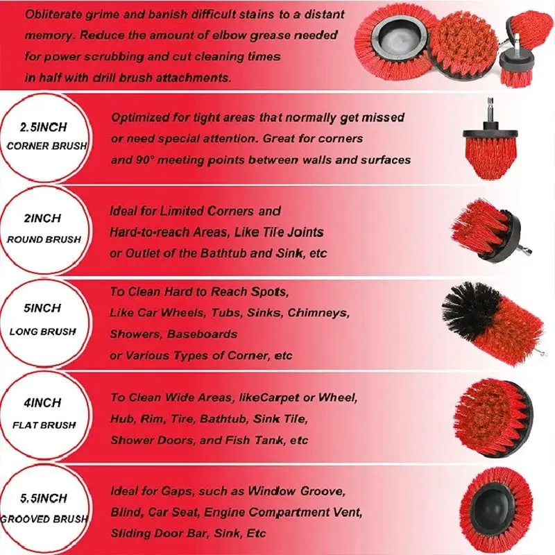 5pcs Red Drill Brush Electric Brush Set Kit Car Soft Brush Drill Kit Bathroom Kitchen Car Care Cleaning Tools