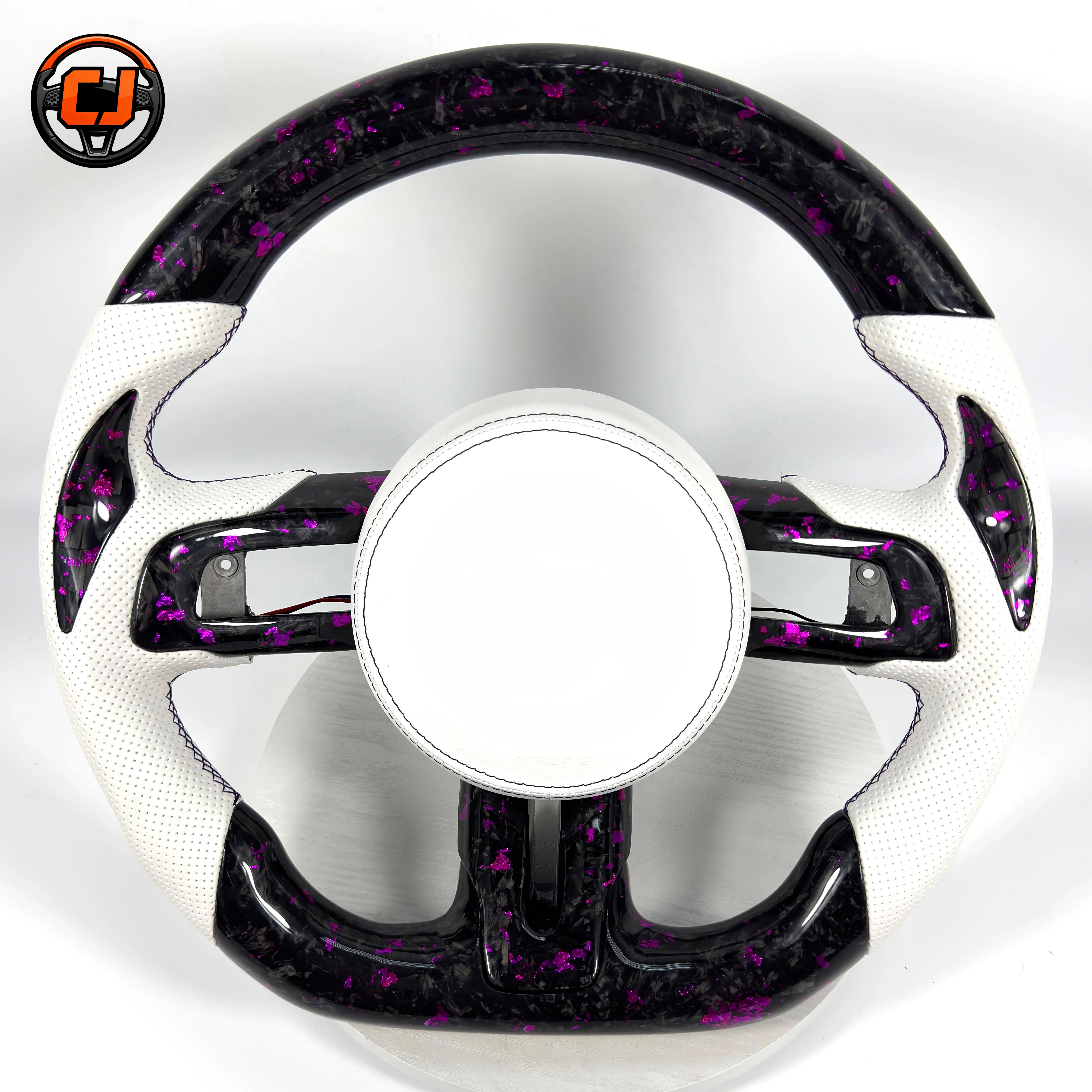 For Ford Mustang GT V6 EcoBoost Shelby GT350 GT500 2015-2023 White Perforated Leather Purple Forged Carbon Fiber Steering Wheel view 3