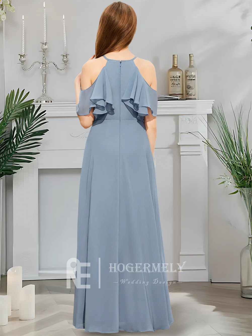 ホルター ジュニア ブライズメイド ドレス ミスティ ブルー フラワー ガール ドレス フロアレングス シフォン カスケード フリル レイヤー 結婚式