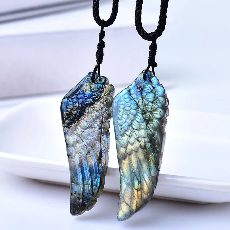 Natural Fash Labradorite Quartz Crystal Gemstone Angel Wing Pendant Handcrafted Stone Feather Charm Adjustable Rope Necklace