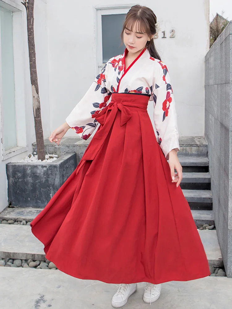 2023 Japanese Style Floral Print Dress Cosplay Long Kimono Skirt Kawaii Clothing Girls Party Robe Set Vintage Costume Asian