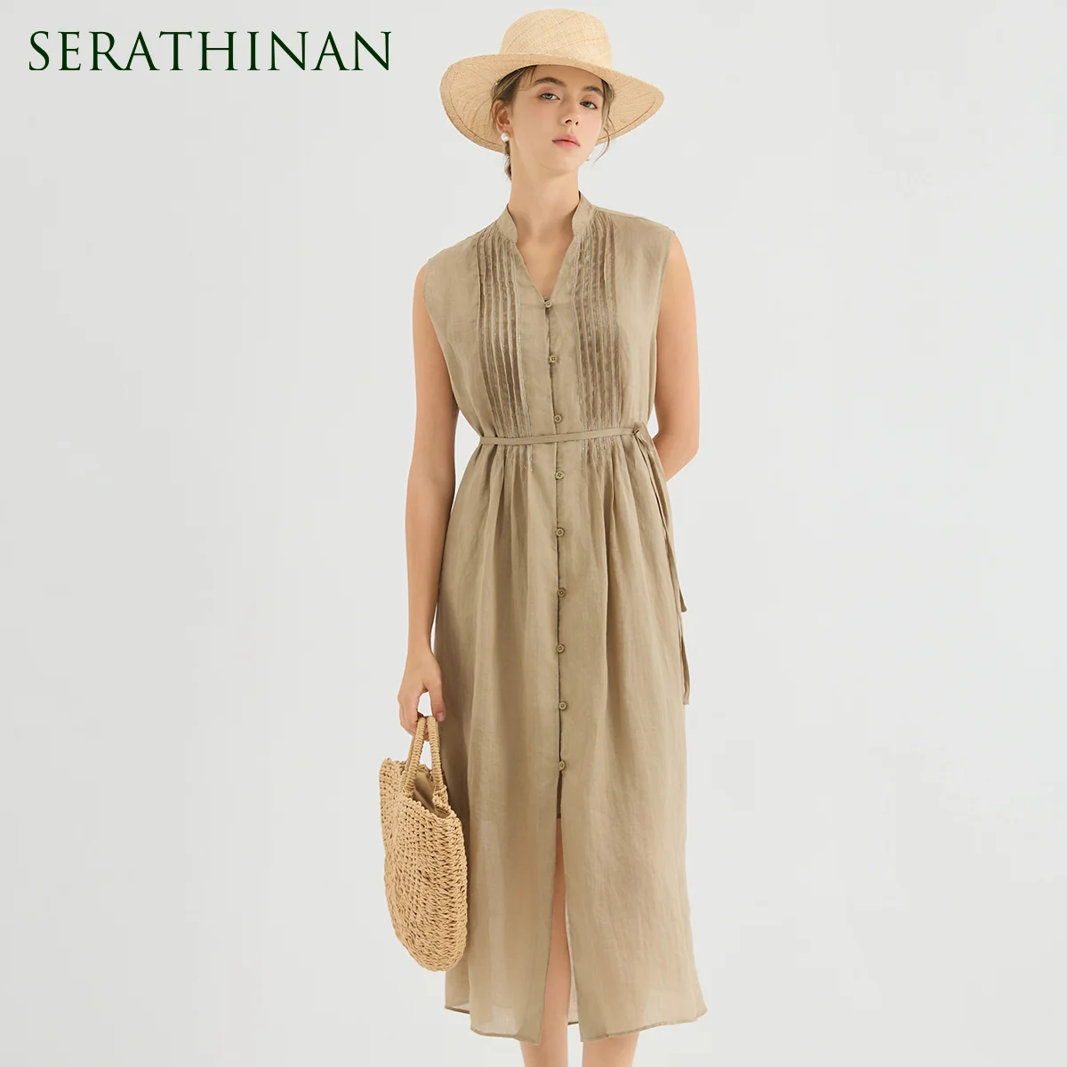 

KT9613745 Luxury Chic Pleat Shirt Dress Women's 100% Ramie Breathable Cotton Lining Single Breasted Maxi Gown