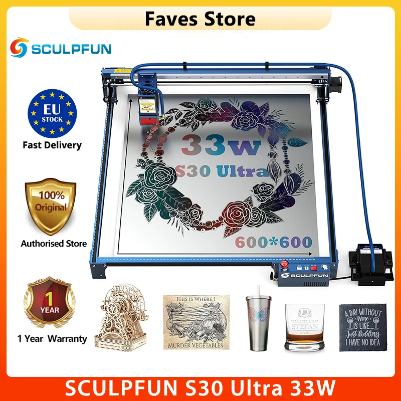 SCULPFUN S30 Ultra-33W/22W/11W Laser Engraving Machine 600x600mm Area Automatic Air Assist Replaceable Lens Eye Protection