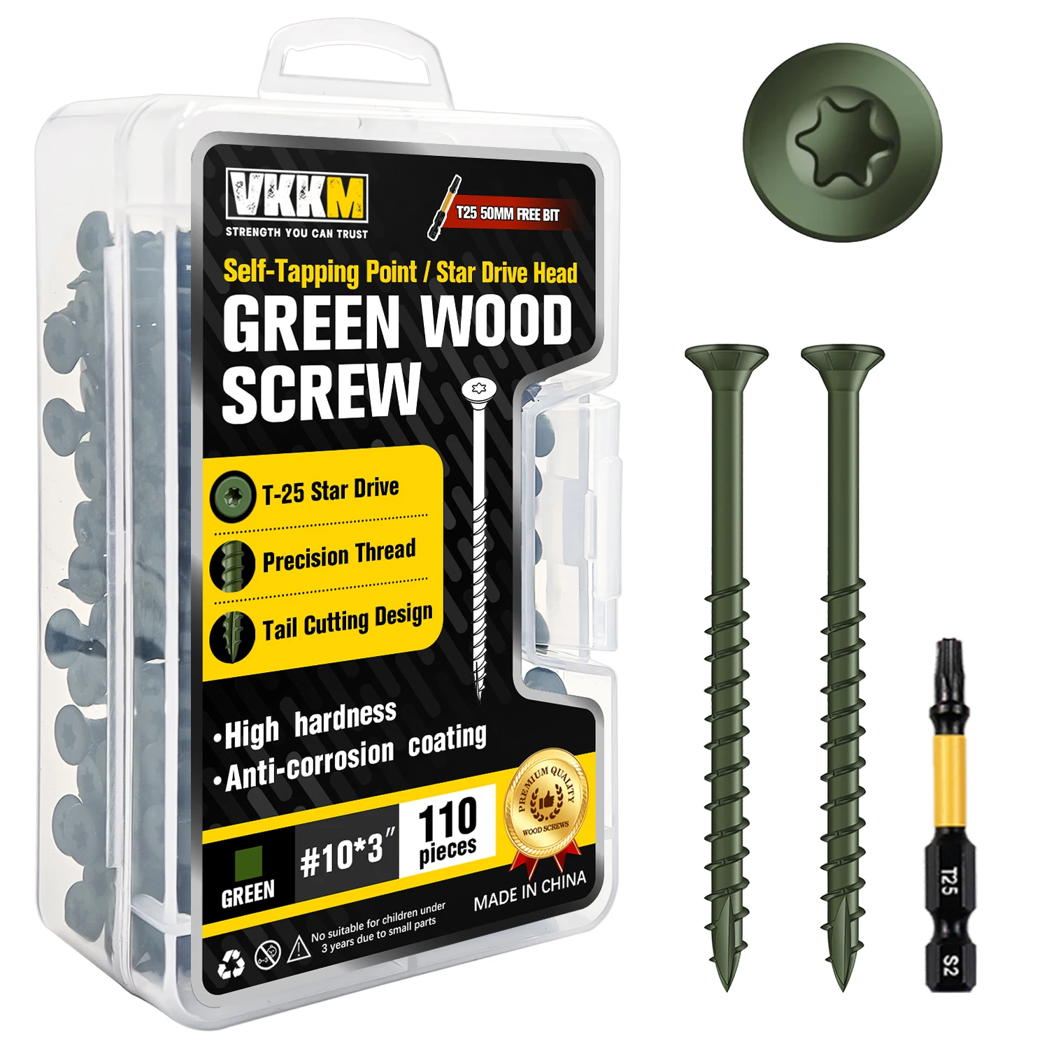 

# 10*3-дюймовые зеленые саморезы по дереву, 110 шт. саморезов для террасной доски с эпоксидным покрытием и дополнительным битом, плоская головка, привод T25 Torx Star Drive