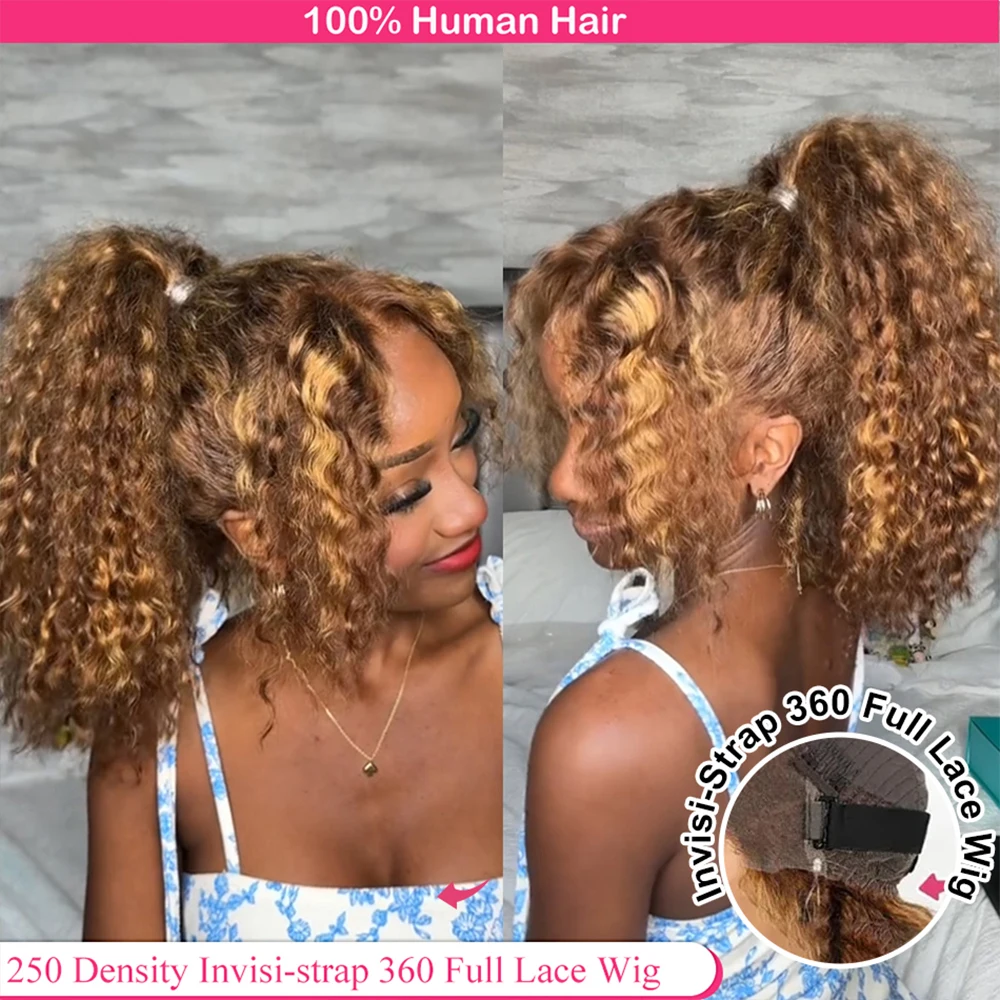 Highlight Invisi-Strap HD 360 Lace Front Wig 250 Density Highlight Wig Human Hair Deep Curly HD 360 Full Lace Wig Preplucked