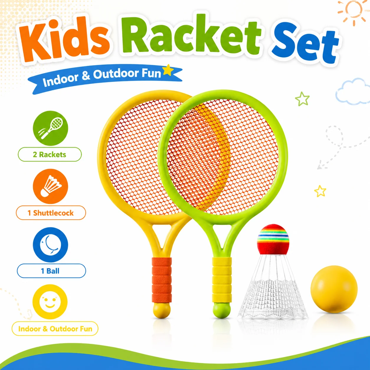 Juego de raquetas para niños, paquete de juguete ligero de tenis y bádminton con pelota de volante para interiores y exteriores, juego de regalo para deportes entre padres e hijos