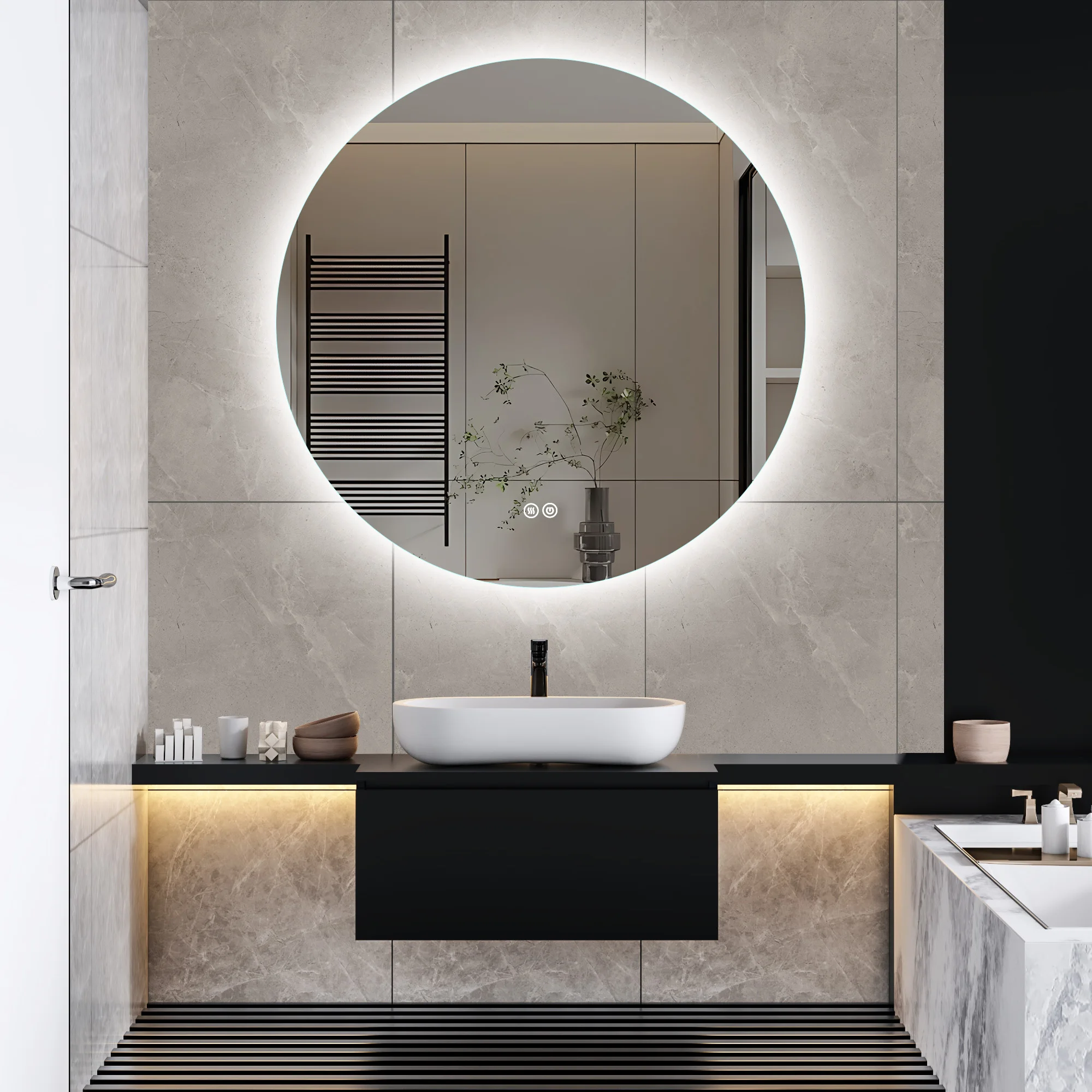 Anajqaqia Specchio da bagno 80x80 cm con illuminazione, specchio LED con 3 colori chiari, dimmerabile al tocco, specchio da parete antiappannamento, rotondo