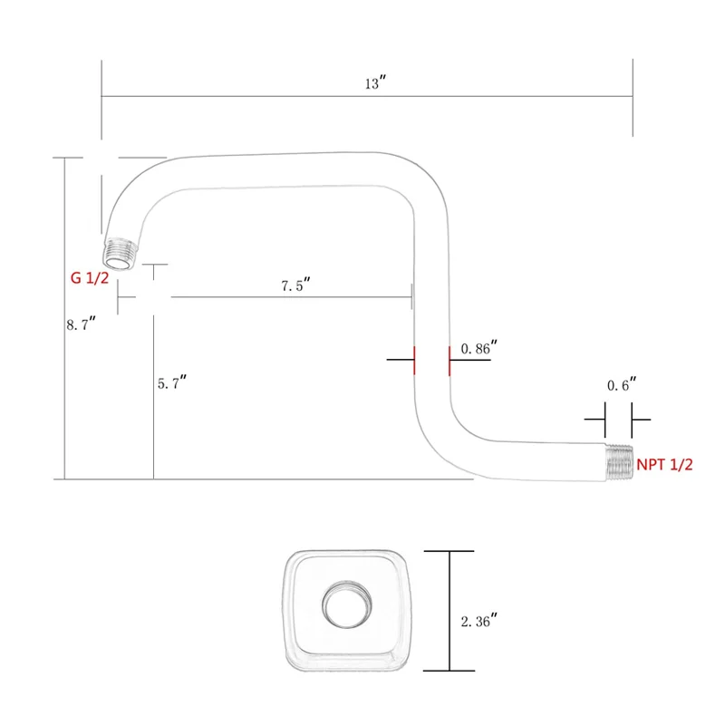 Imagem -05 - Polegada Braço de Chuveiro com Flange S-forma de Fixo Cabeça de Chuveiro Braço de Tubulação de Substituição Níquel Escovado Preto Cromo Aço Inoxidável 13