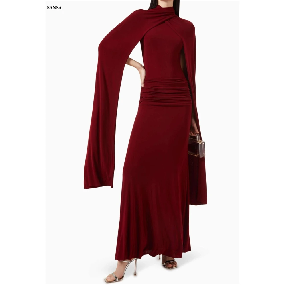 

Sansa Customized Burgundy Long Sleeve Trumpet Simple Prom Dress Cascading Ruffle Vestidos De Noche Floor-Length Formal Evening