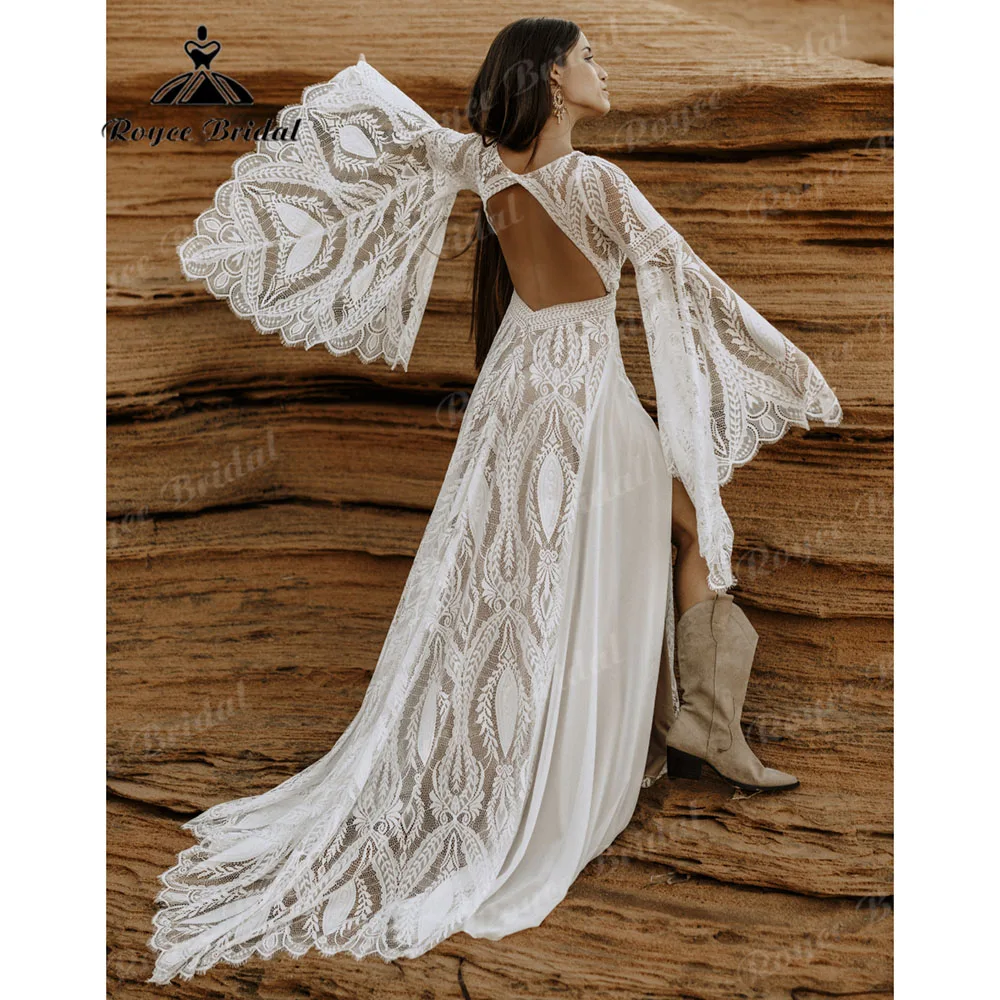 vestido de novia bohemio Boho Lace Long Sleeve Backless Split Side Wedding Dress for Women 2025 V Neck Bridal Gown Customized