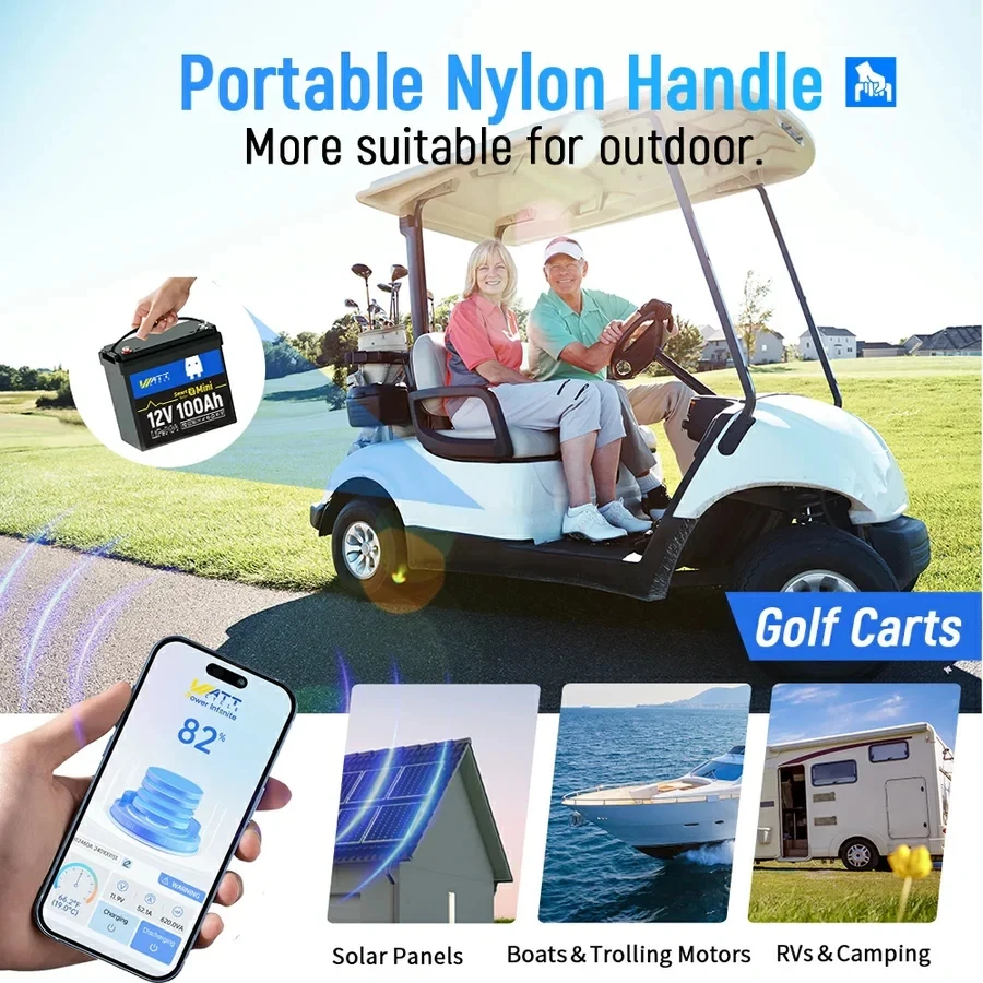 بطارية Wattcycle LiFePO4 بقدرة 12 فولت 100 أمبير في الساعة تعمل بتقنية البلوتوث في الوقت الحقيقي تضمن الاستخدام الآمن والمثالي للتخييم/الصيد في الهواء الطلق، إلخ