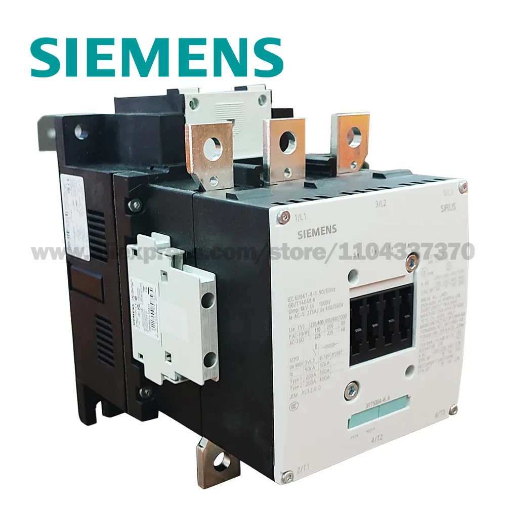 قواطع SIEMENS SIRIUS 3RT 220-240 فولت تيار متردد/تيار مستمر تيار متردد 110 كيلو وات 400 فولت تيار متردد (50-60 هرتز) اتصالات مساعدة تيار مستمر 2NO + 2NC 3 أقطاب 3RT5064-6AP36