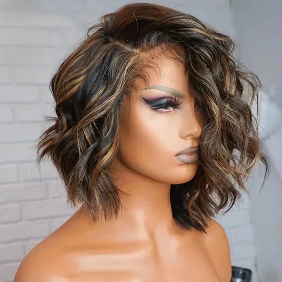 Hesperis Blonde mettre en évidence perruque 13x6 Transparent dentelle avant perruques Ombre perruque de cheveux humains avec des cheveux de bébé Bob vague dentelle avant perruques