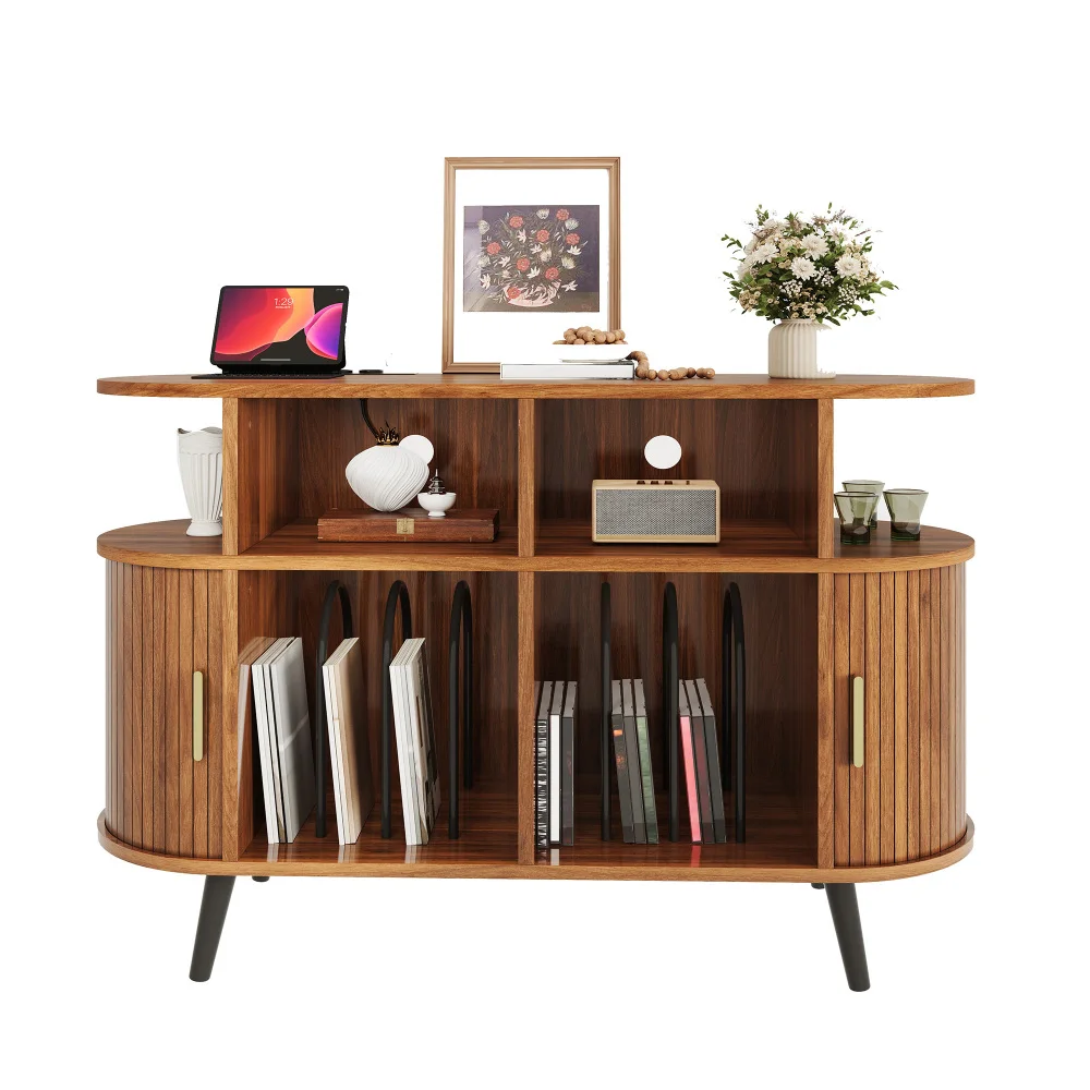 Mueble con paneles de 110 x 40 x 76 cm, estación de carga, compartimentos abiertos, puertas correderas con ranura, pasadiscos para cables, bordes redondeados, mueble moderno para la sala de estar, color nogal.
