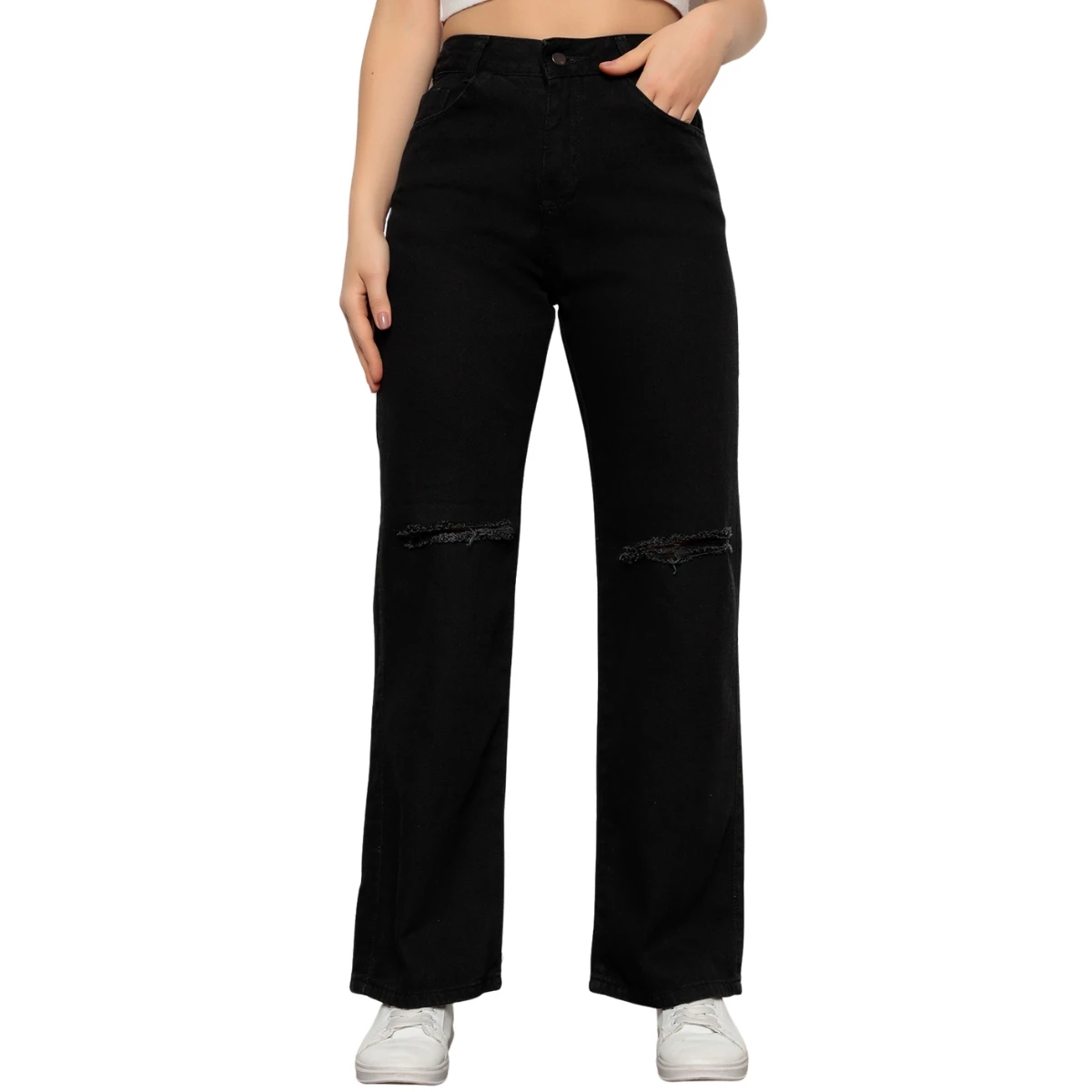 Calça Jeans Wide Leg Onix Rasgada Feminina