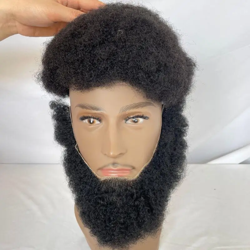 Pwigs Human Hair Afro Curl Face Beard Mustache For American Black Men Realistic Makeup Lace Base Replace System 1B Black Color