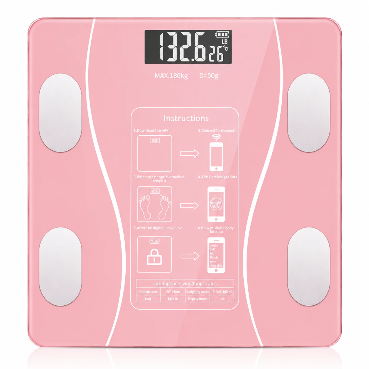 Intelligent Body Fat Scale Bluetooth Digital Bathroom Scale, 180 Kg/396 Pound Weight Scale, with LCD Display Screen, APP Synchronization, BMI Body Composition Analyzer, High-Precision Sensor (Without Battery)