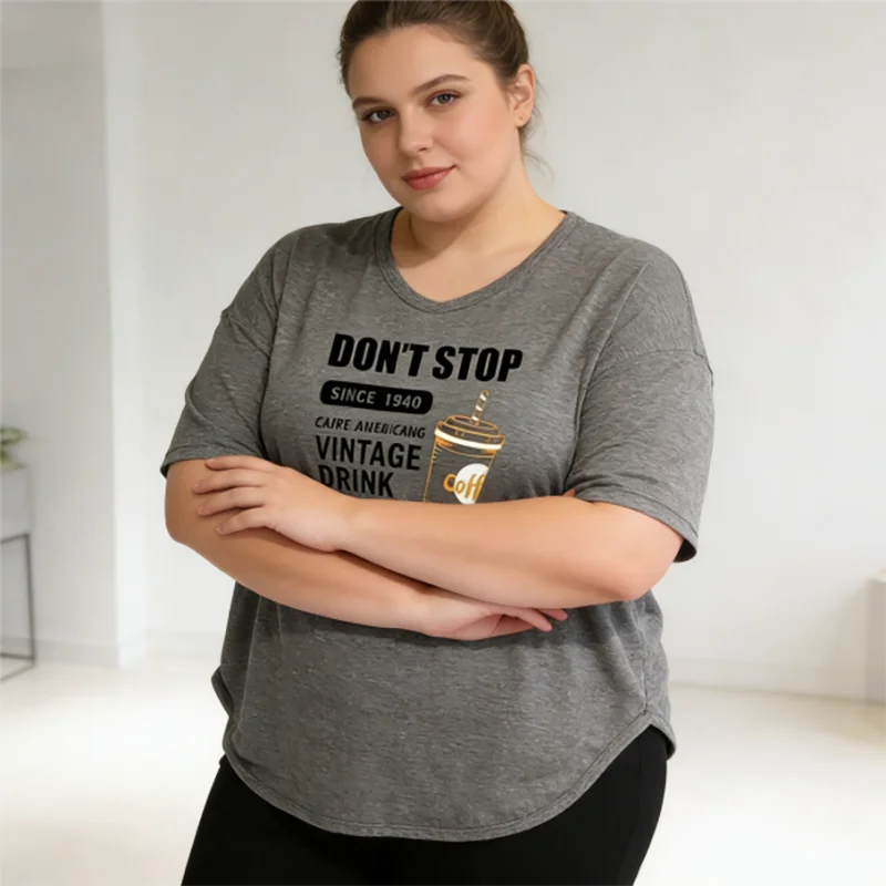 Plus size 40-150kg coffee print oversized t shirt women casual loose u neck short sleeve graphic tee soft summer tops