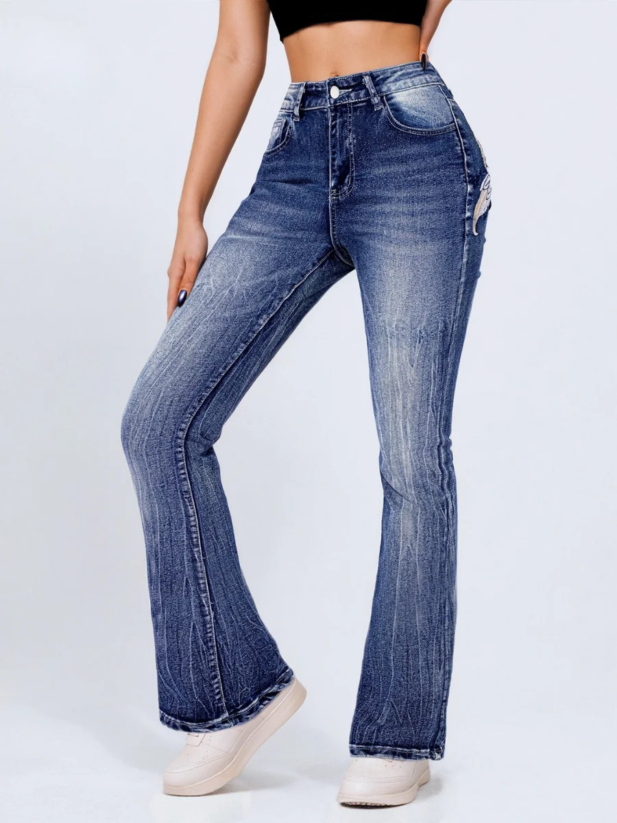【HME】Casual Jeans with Embroidered Wings Women's Casual Jeans - Embroidered Wings, Back Pocket Details, Beard