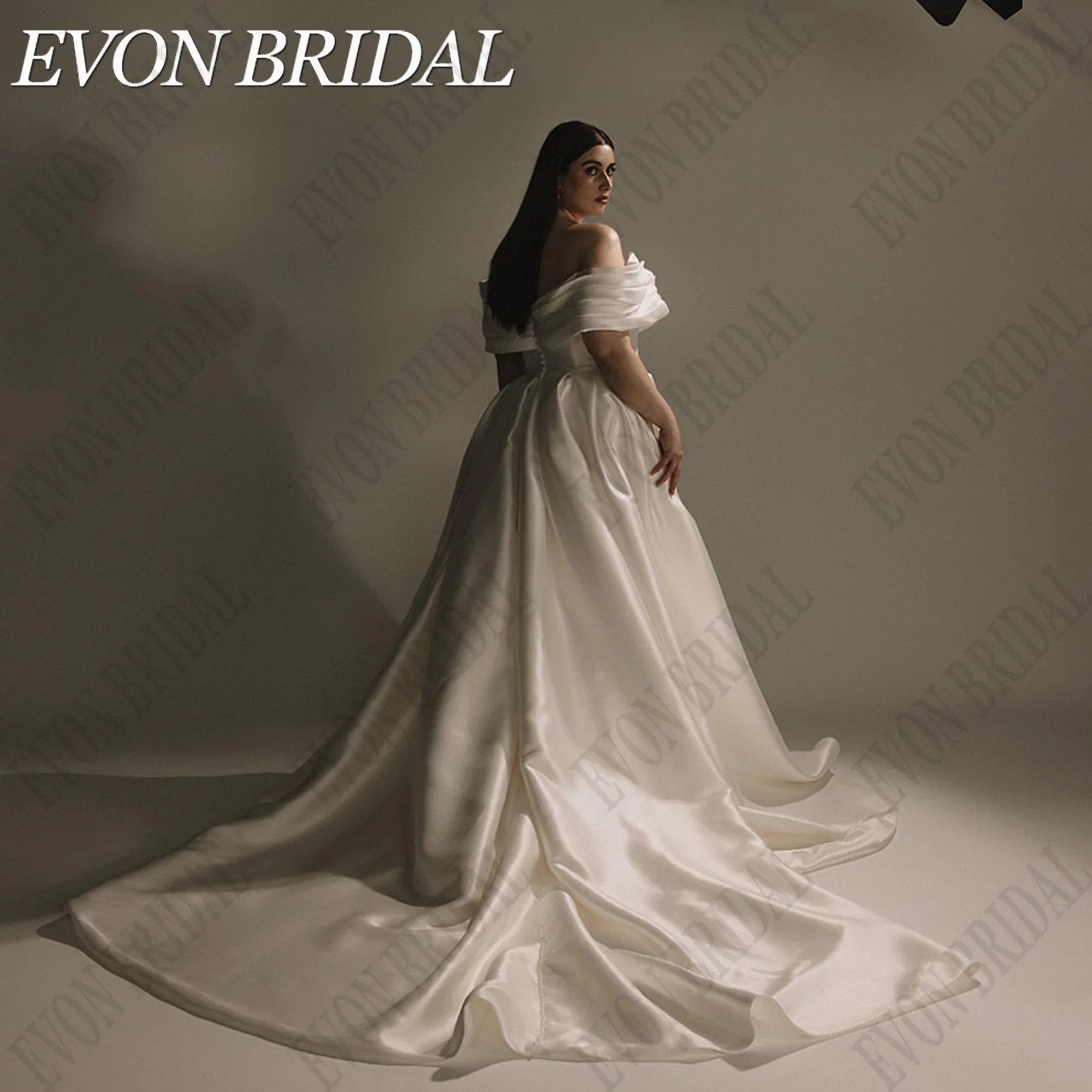 EVON BRIDAL Ovesrize Wedding Dresses Off Shoulder V-Neck With Pocket Satin A-Line Bride Gowns Custom Made Vestidos De Novia