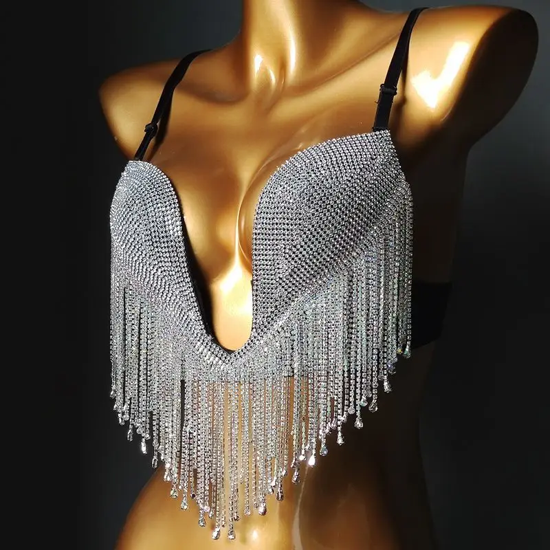 Imagem -04 - Nova Chegada Festa Rainha Diamante Bling Glam Strass Corrente de Metal Franja Bralette Cabresto Presente Superior para Mulher