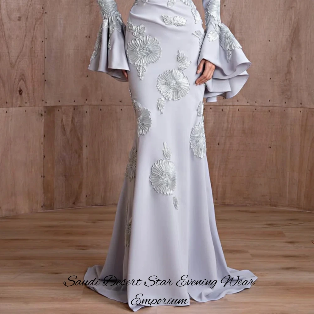 Customized Exquisite 3D Flowers Celebrity Gowns Delicate Mermaid Long Sleeves Evening Dress Elegant O-Neck Jersey Robe de soirée