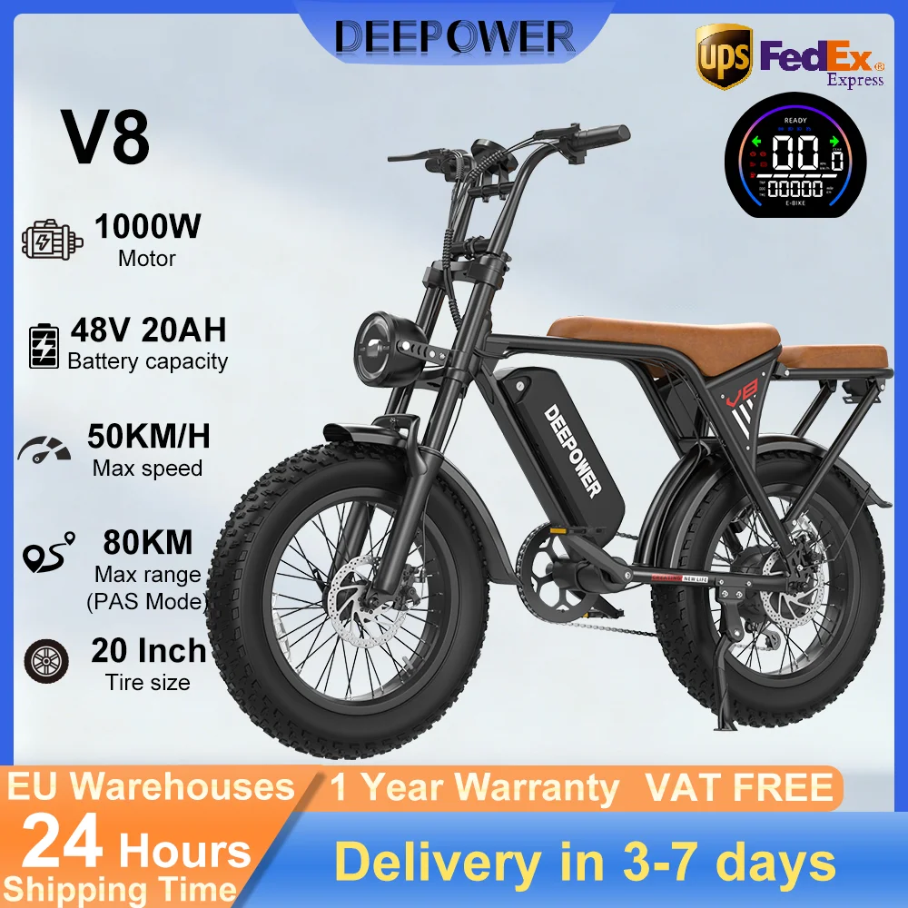 DEEPOWER V8 vélo électrique 1000W 48V 25AhBattery 20 "gros pneu adulte vélo électrique affichage LED montagne tout-terrain banlieue Ebike