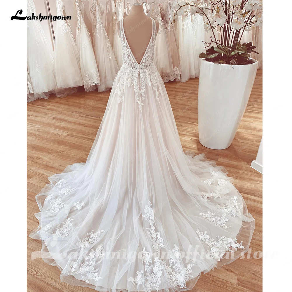 Lakshmigown Deep V Neck A Line Wedding Dress Customized Lace Beads Appliques Plunging Robe Civil Robe Bride Gown trouwjurk