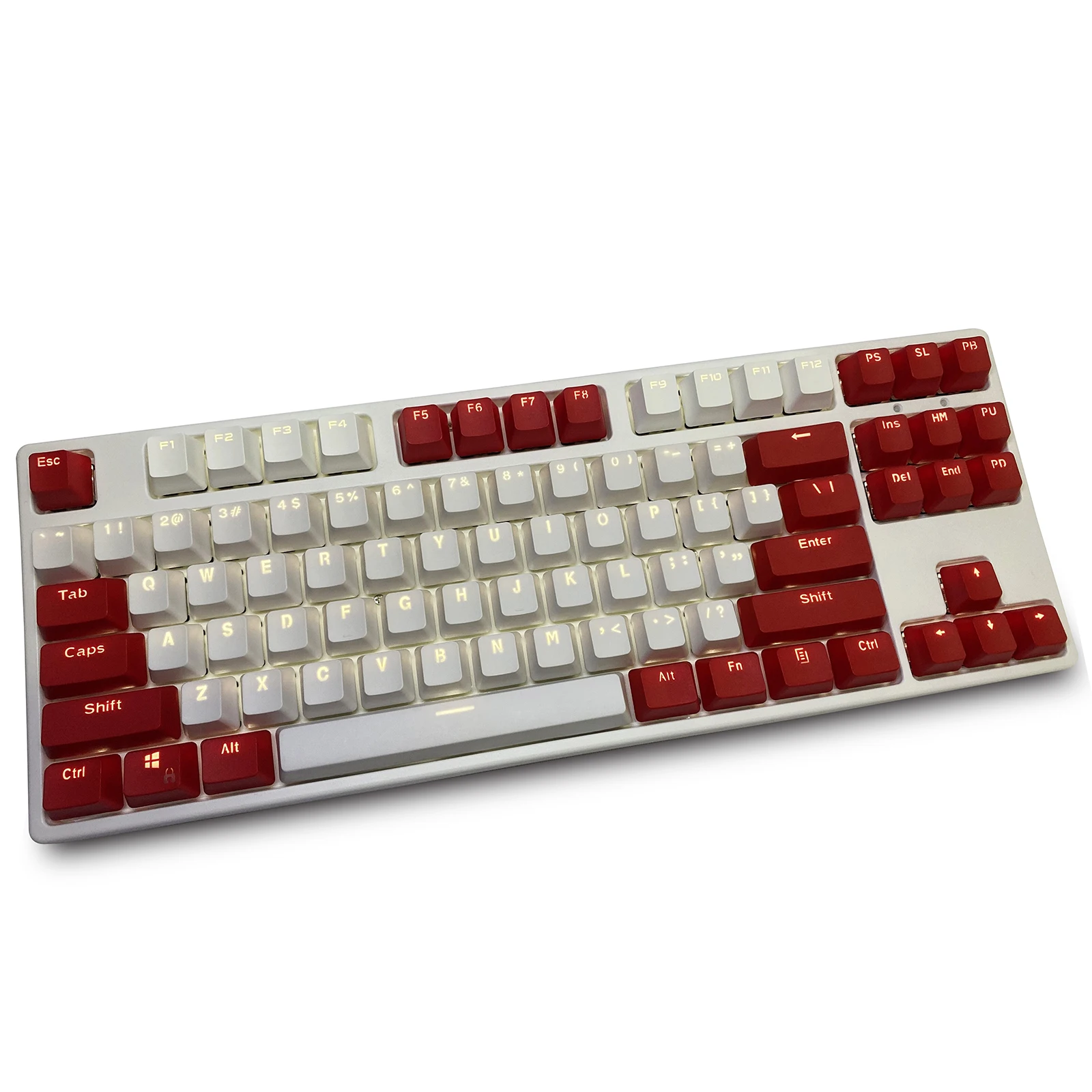 Teclas de Teclado mecánico de altura OEM, 87 teclas rojas y blancas, Material PBT, caracteres retroiluminados dobles, teclas transparentes para juegos