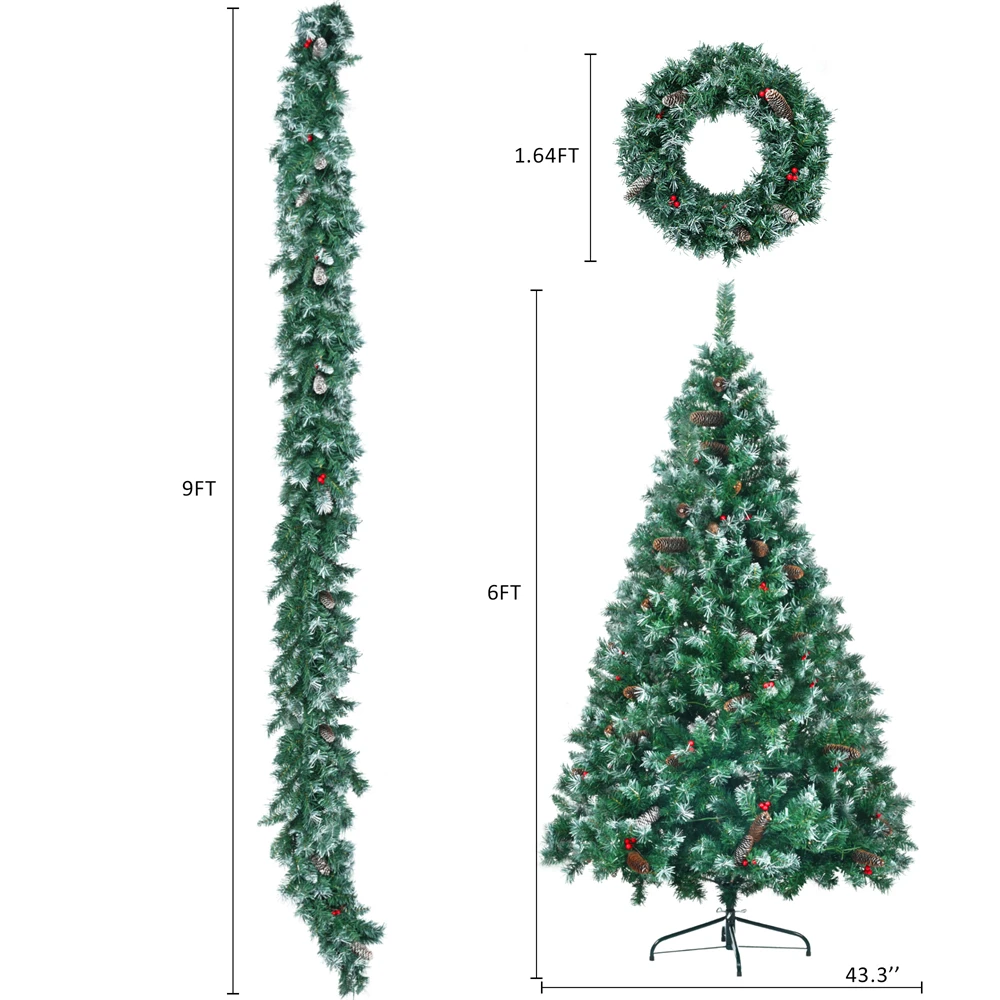 6FT Dark Green Pine Christmas Tree, Pre-Lit Set with Tree & Garland & Wreath, Hinged Artificial Xmas Tree with White Tips