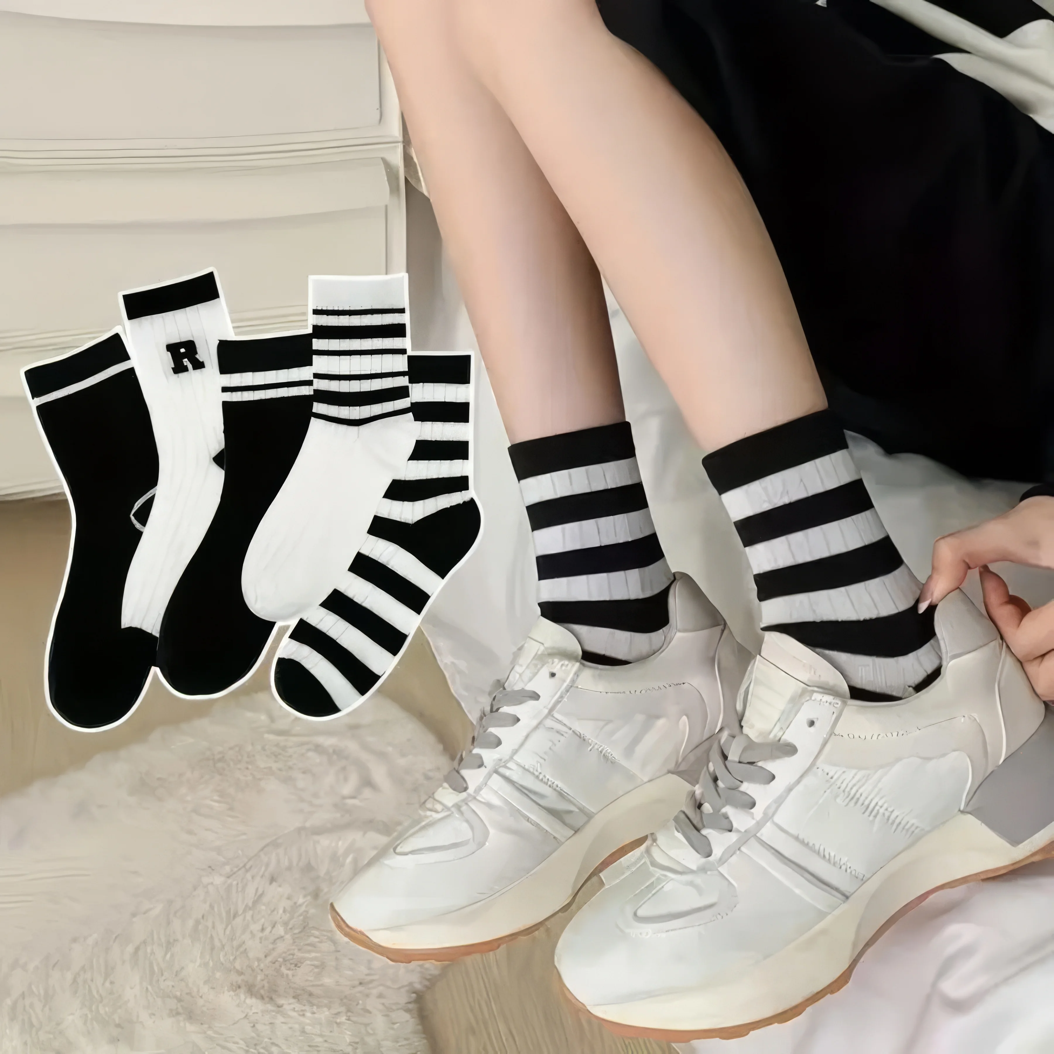 5 Paar weiche und bequeme schwarz-weiß gestreifte Socken, schmale Passform und atmungsaktiv im Sommer, geeignet für Outdoor-Bekleidung