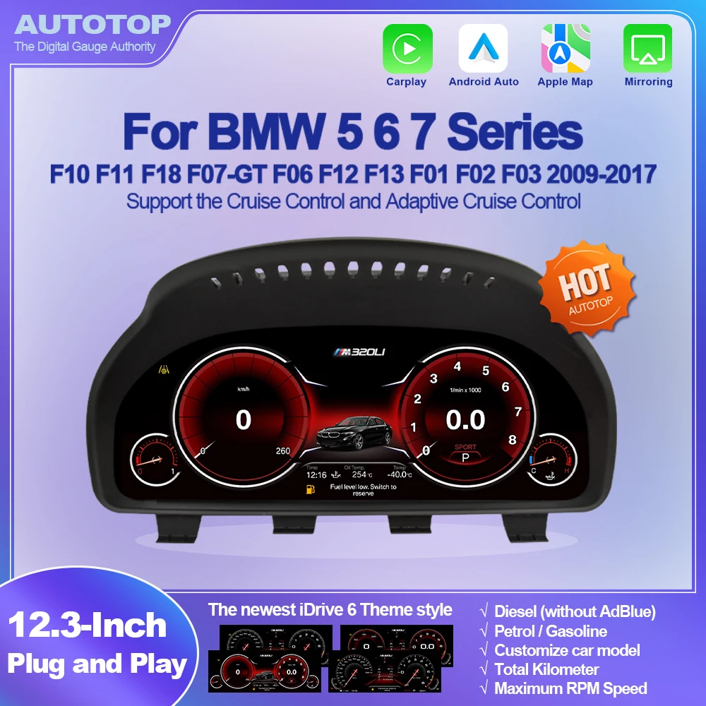AUTOTOP 12.3 Carplay Android Auto Quadro Strumenti Digitali Per BMW F10 F11 F18 F07 GT F06 F12 F01 F02 F03 F04 2008-2019,Navi