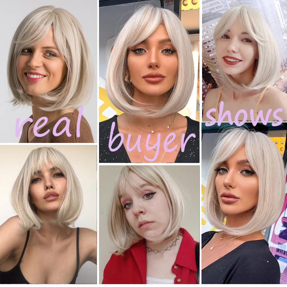 White Blonde Gray Synthetic Wigs with Bangs Short Straight Bob Hair Wig for Women Cosplay Daily Natural Hair Heat Resistant