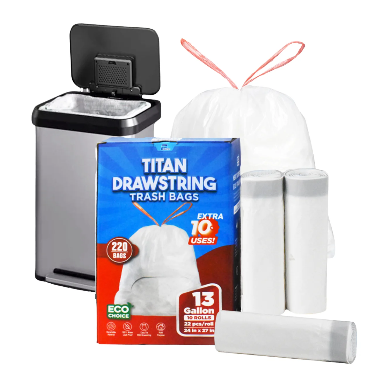 

Прочные мешки для мусора с завязками, 13 галлонов, 220 шт., 24x27 дюймов, HDPE, прочные и долговечные, герметичные, устойчивые к проколам, легко разрываются