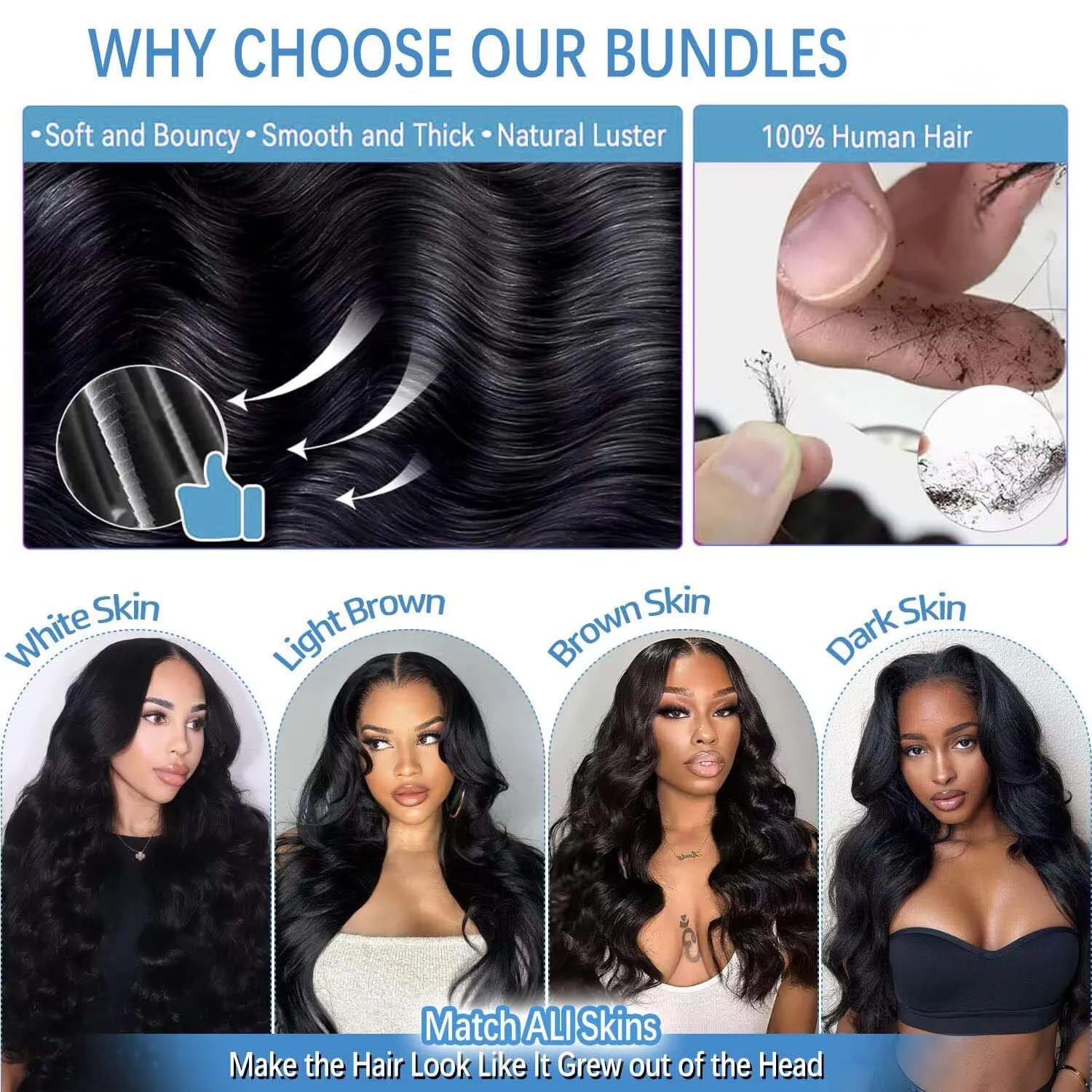 100%人毛束 ボディウェーブ人毛 1～3束 未処理ブラジル産バージンヘア束 # 1B ナチュラルカラー 女性用