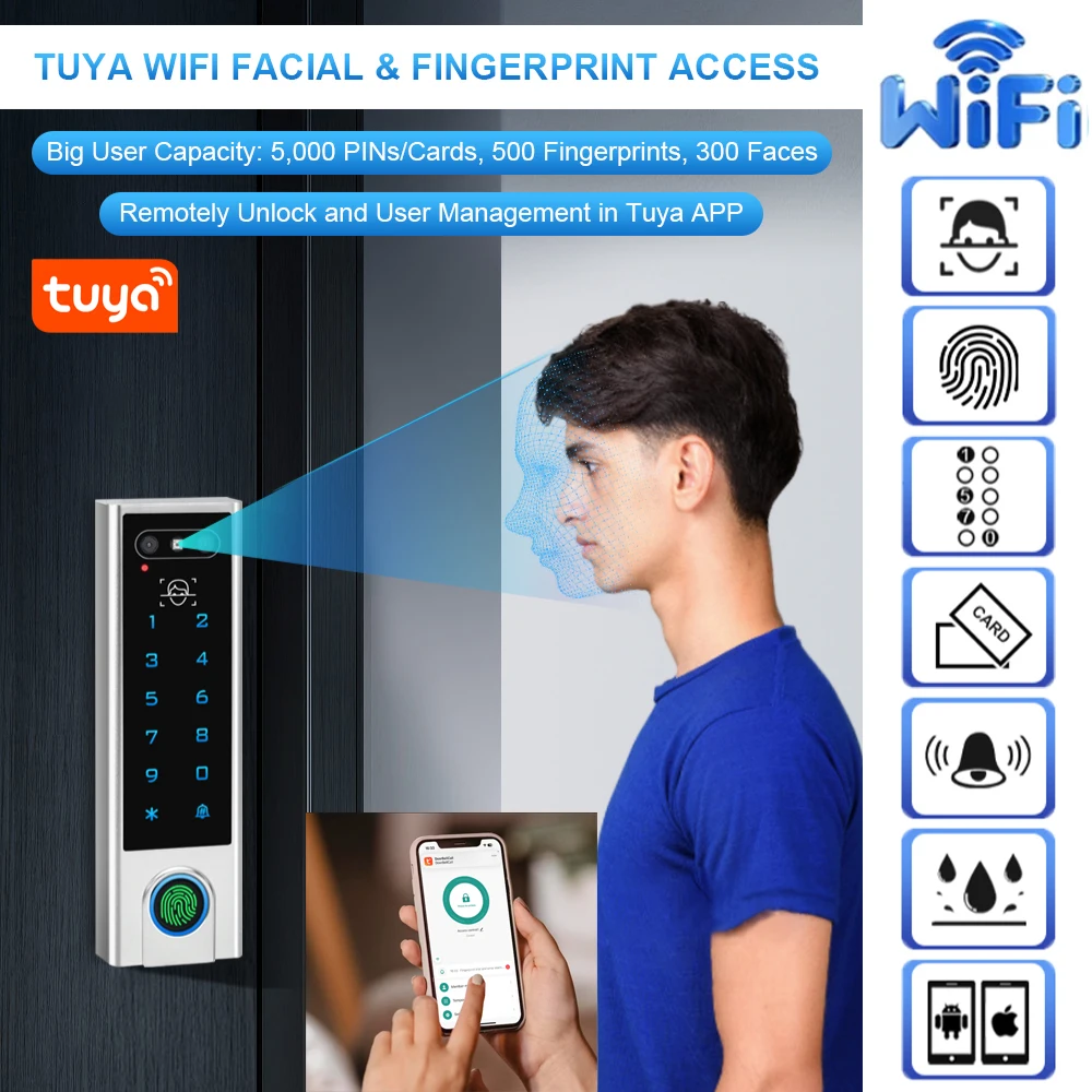 Leshine 5800 Users Touch Keypad Face Recognition Fingerprint Wifi Access Control IP66 Waterproof PIN Cards Tuya APP