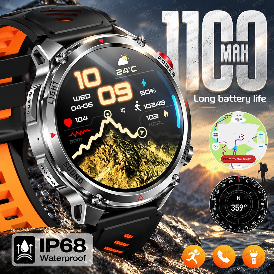 Newly Durable 1100mAh Large Battery Smart Watch Men 1.7" AMOLED HD Screen IP68K Waterproof LED Compass Sport Call Smart Bracelet