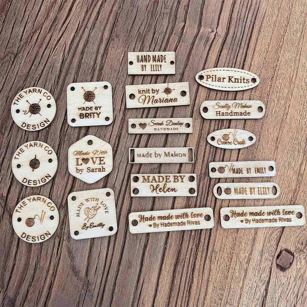 50 sztuk drewna tagi ręcznie robione drewniane etykiety dziania etykiety grawerowane, proszę kliknąć na przycisk „ Tags szydełka zapasy rzemieślnicze DIY grawerowany laserem Tags