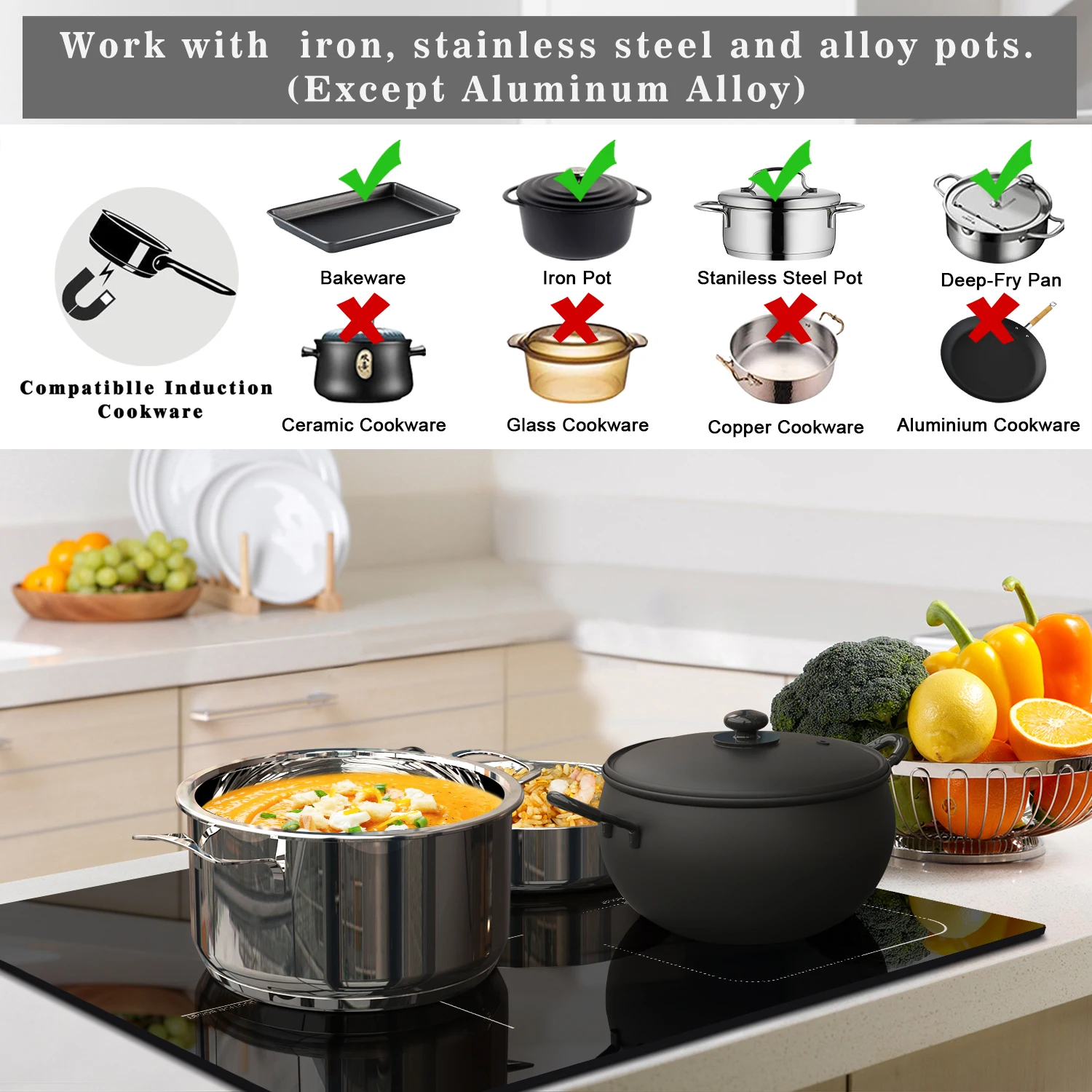 Встроенная индукционная варочная панель Karinear с 3 конфорками и Flexzone, сенсорным управлением, насадкой, усилением, предохранительным замком, 6800 Вт