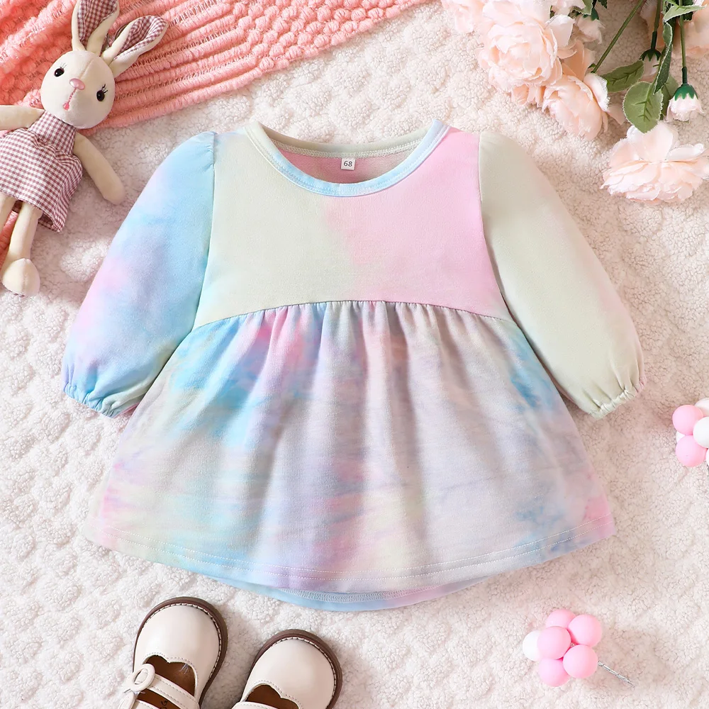 Vestido tie dye para bebês, Manga comprida, Vestido bonito para crianças ao ar livre, Roupas coloridas para crianças