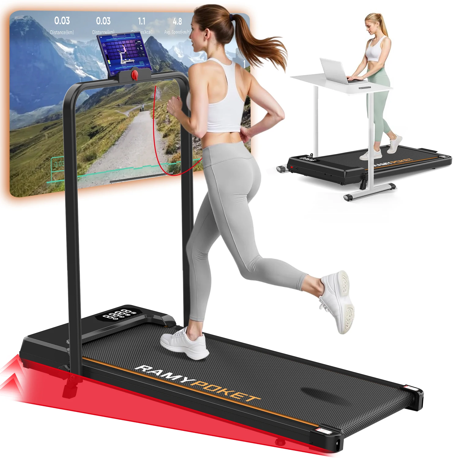 RAMYPOKET Loopbanden voor thuiskantoor 9% hellingshoek APP 1-10 km/u 150KG LED-display Antislip & schokabsorberende loopband