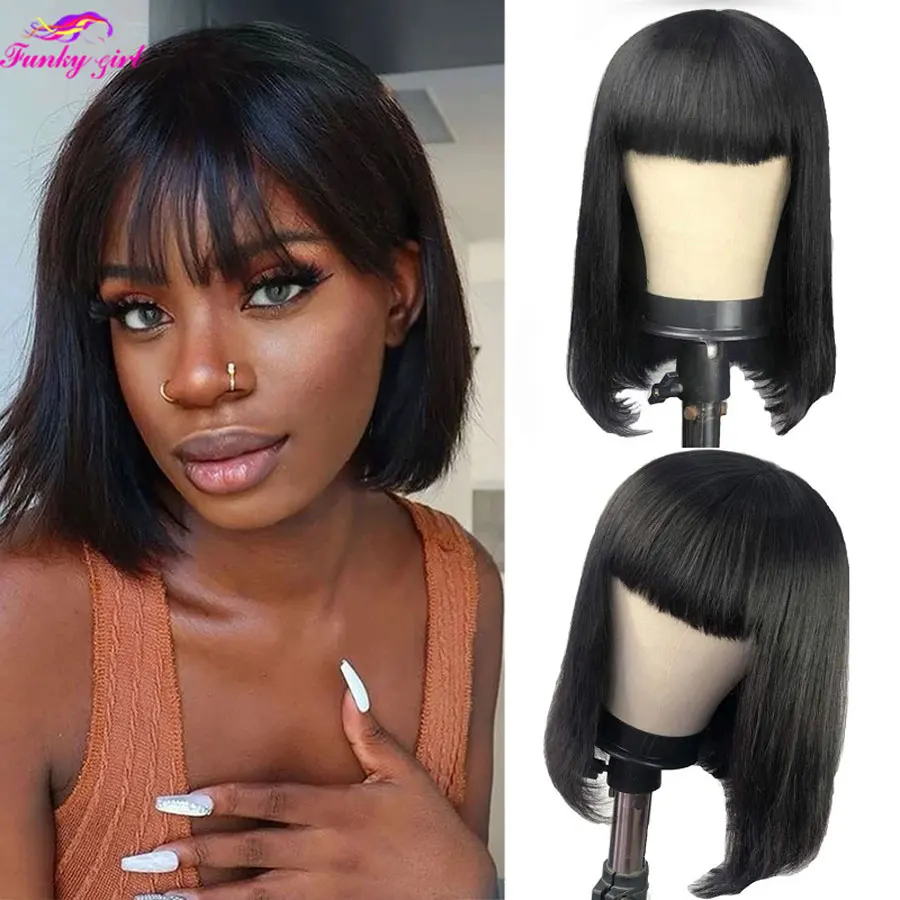 

Brazilian Human Hair Wig with Bangs Straight Hair Bob Wigs Full Machine Made Wig for Women 8-16 Inches Non Lace Glueless Bob Wig