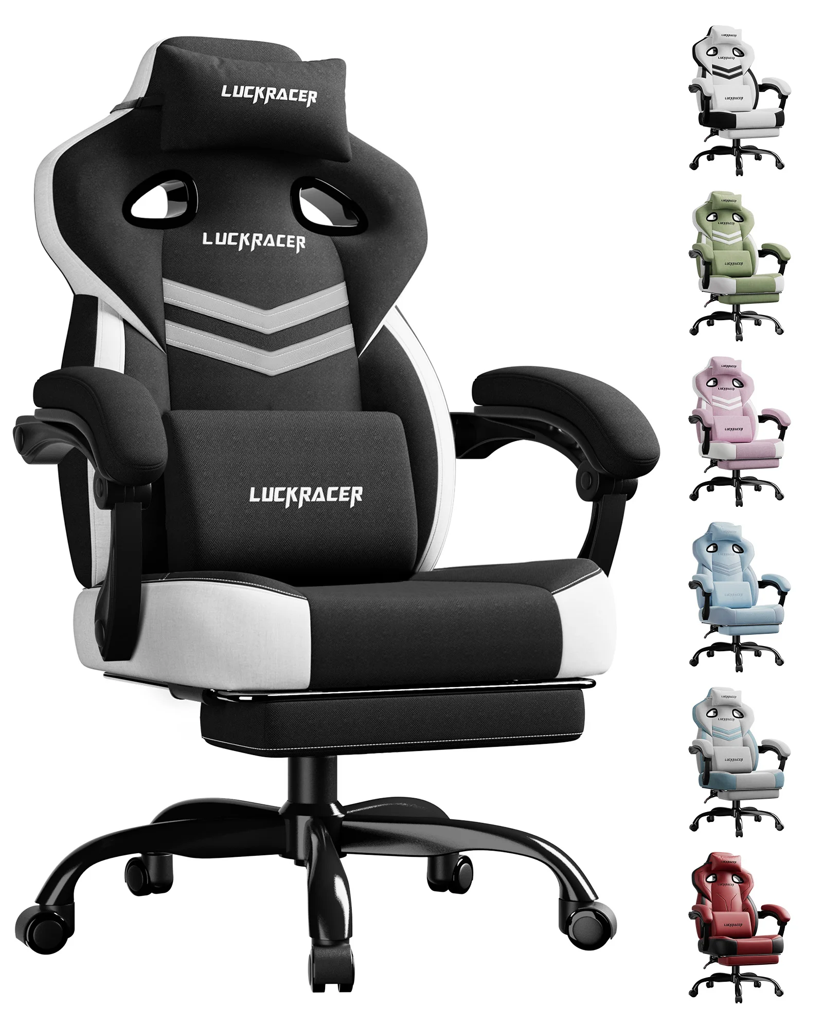 LUCKRACER Gaming Stuhl, Bürostuhl mit verbundenen Armlehnen, Memory-Schaum-Kissen, 90–155° Neigungswinkel und Fußstütze